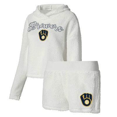 Women's Concepts Sport Cream Milwaukee Brewers Fluffy Hoodie Top & Shorts Sleep Set