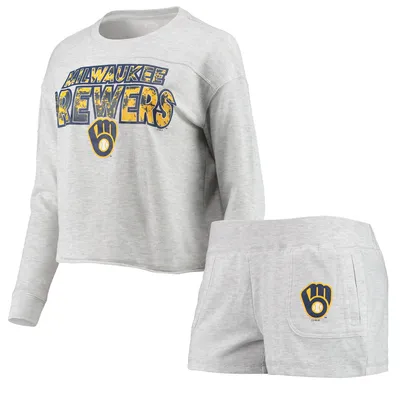 Milwaukee Brewers Concepts Sport Women's Crossfield Long Sleeve T-Shirt & Shorts Sleep Set - Heathered Gray