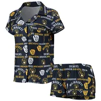 Milwaukee Brewers Concepts Sport Women's Zest Allover Print Button-Up Shirt  & Shorts Sleep Set - Navy