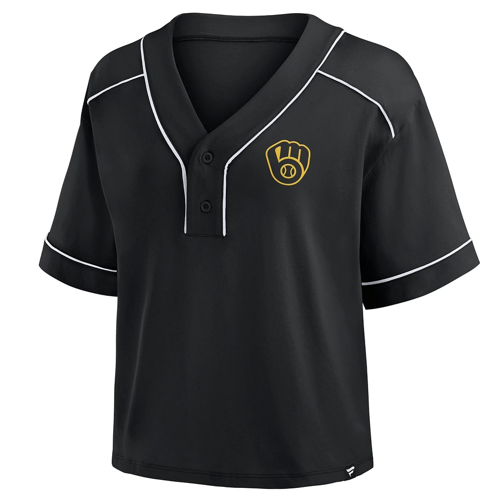 Women's Fanatics Black Milwaukee Brewers Oversized Champ Game Cropped V-Neck T-Shirt