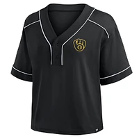 Women's Fanatics Black Milwaukee Brewers Oversized Champ Game Cropped V-Neck T-Shirt