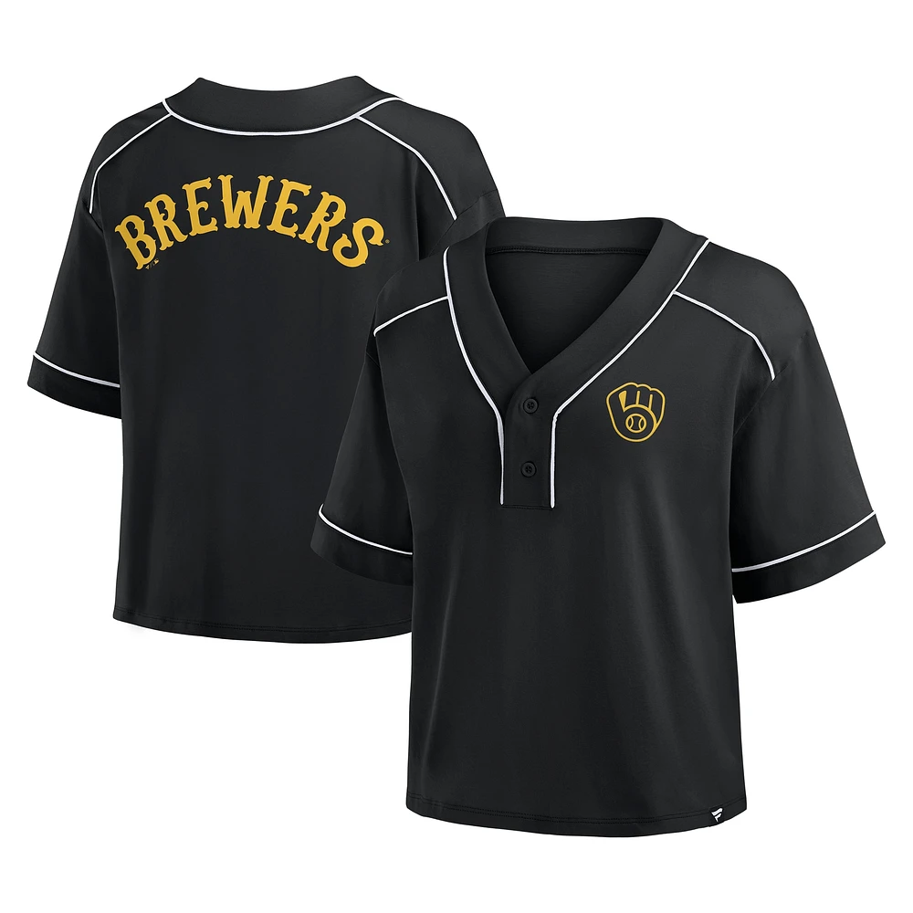 Women's Fanatics Black Milwaukee Brewers Oversized Champ Game Cropped V-Neck T-Shirt