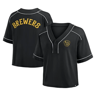 Women's Fanatics Black Milwaukee Brewers Oversized Champ Game Cropped V-Neck T-Shirt