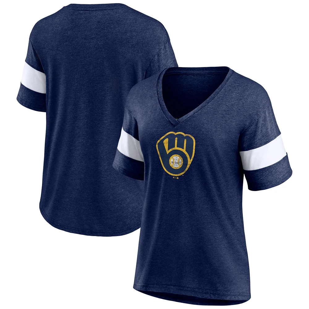 Women's Fanatics Heathered Navy Milwaukee Brewers Weathered Tri-Blend V-Neck T-Shirt