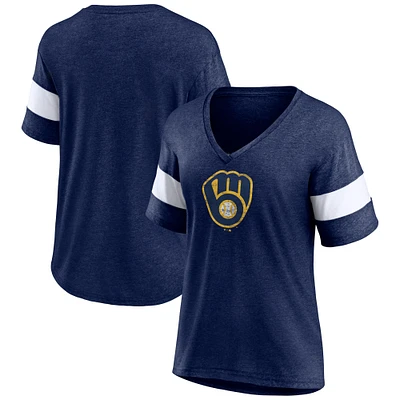 T-shirt à col en V tri-mélange vieilli Fanatics pour femmes, bleu marine chiné, Milwaukee Brewers