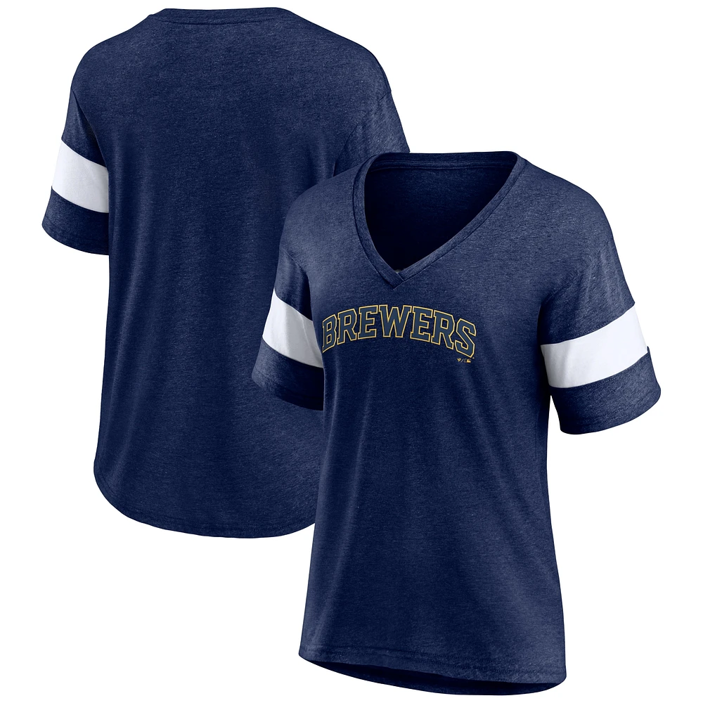 T-shirt tri-mélange à col en V avec logo Milwaukee Brewers Fanatics Heathered Navy pour femmes