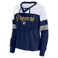 T-shirt à manches longues et col en V lacets Fanatics pour femmes, bleu marine/blanc, Milwaukee Brewers Even Match