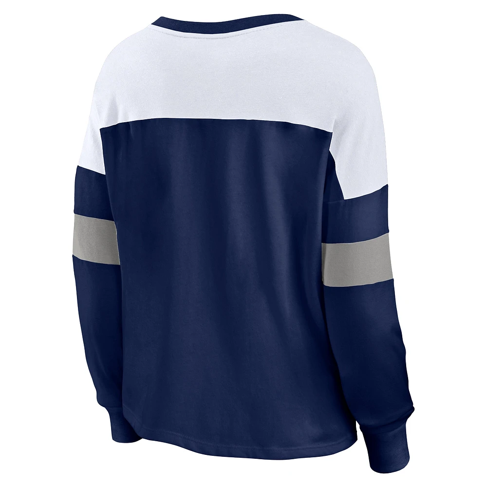 Women's Fanatics Navy/White Milwaukee Brewers Even Match Lace-Up Long Sleeve V-Neck T-Shirt