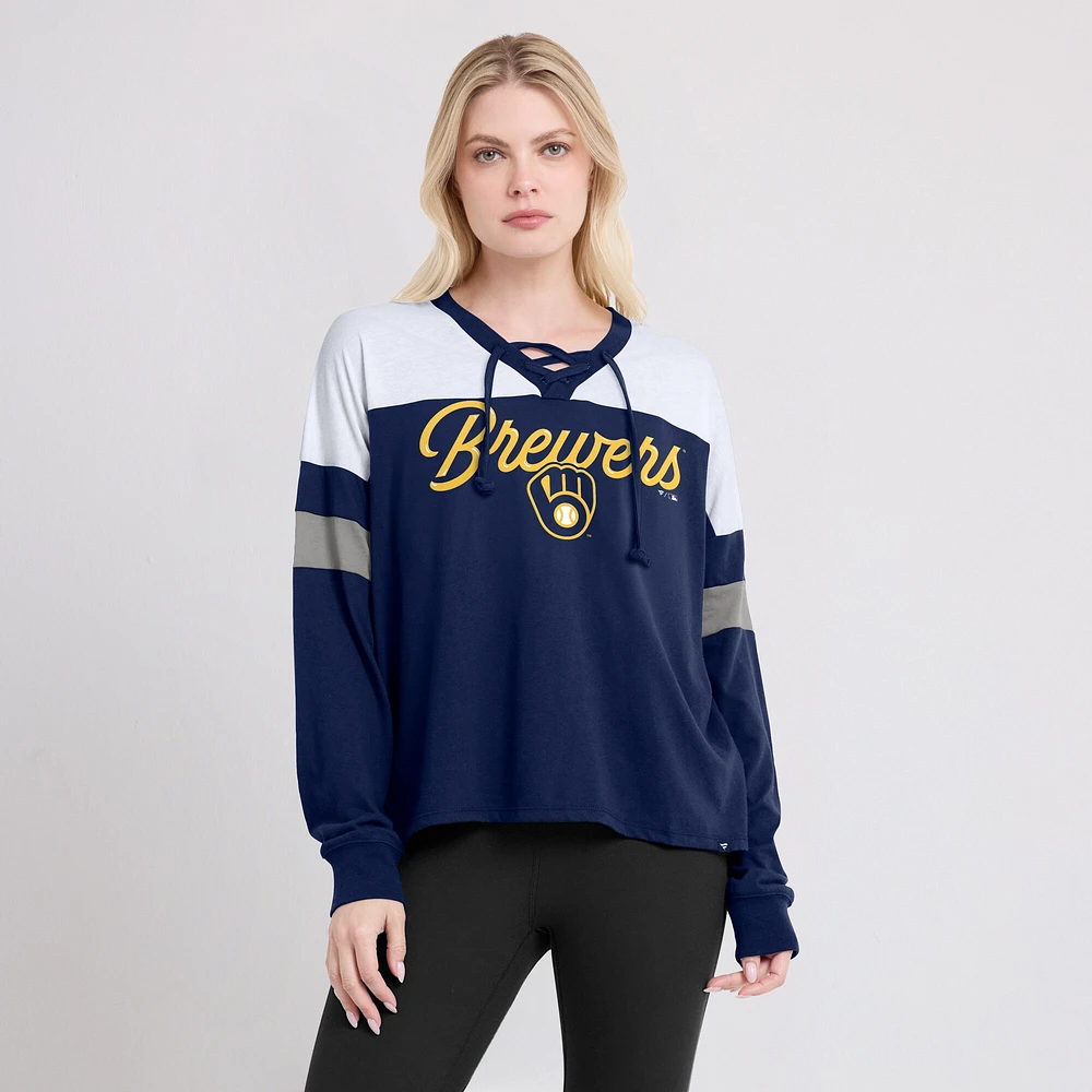 Women's Fanatics Navy/White Milwaukee Brewers Even Match Lace-Up Long Sleeve V-Neck T-Shirt