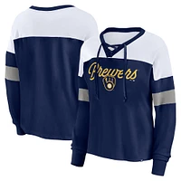 Women's Fanatics Navy/White Milwaukee Brewers Even Match Lace-Up Long Sleeve V-Neck T-Shirt