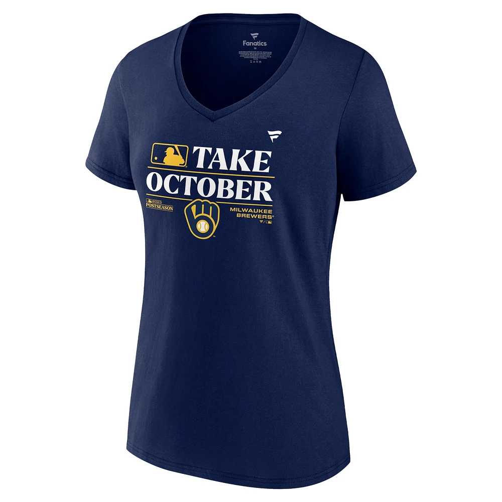 T-shirt à col en V grande taille pour femmes Fanatics Navy Milwaukee Brewers 2023 Postseason Locker Room