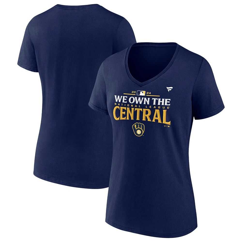 T-shirt à col en V pour femmes Fanatics Navy Milwaukee Brewers Champions de la division centrale Ligue nationale 2024