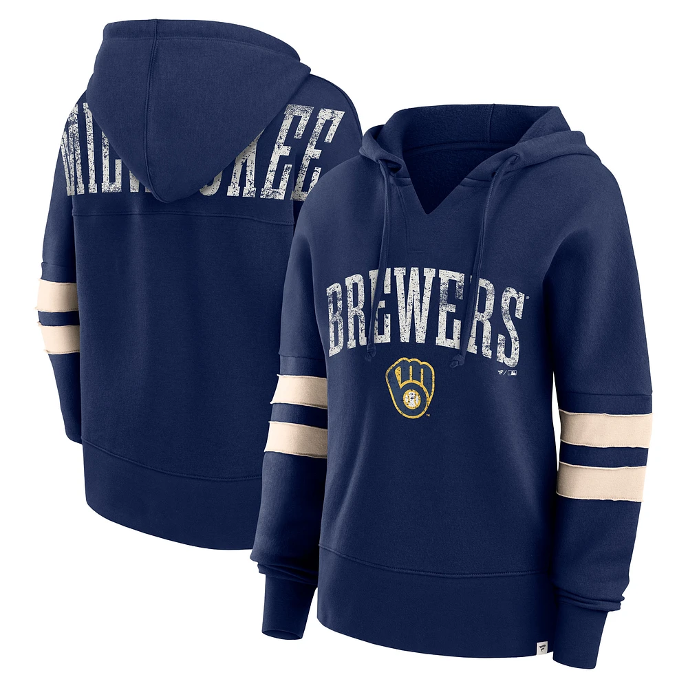 Sweat à capuche taille haute col cranté Fanatics pour femmes, bleu marine, Milwaukee Brewers Bold Move