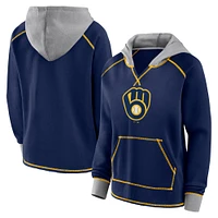 Women's Fanatics Navy Milwaukee Brewers Boom Fleece Pullover V-Neck Hoodie