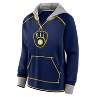 Women's Fanatics Navy Milwaukee Brewers Boom Fleece Pullover V-Neck Hoodie