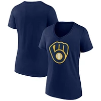 T-shirt à col en V avec logo officiel Milwaukee Brewers Core Fanatics pour femmes bleu marine