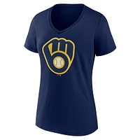 T-shirt à col en V avec logo officiel Milwaukee Brewers Core Fanatics pour femmes bleu marine