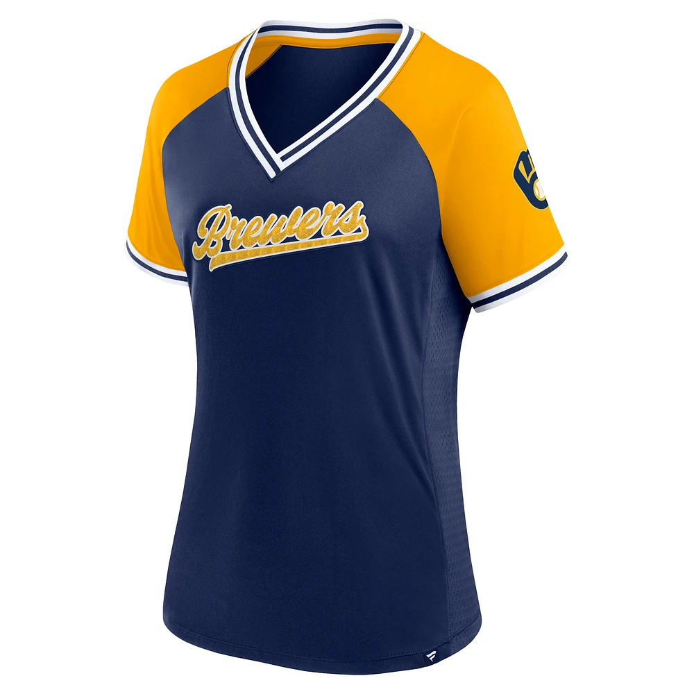 T-shirt à col en V Fanatics Navy Milwaukee Brewers Glitz & Glam League Diva Raglan pour femmes