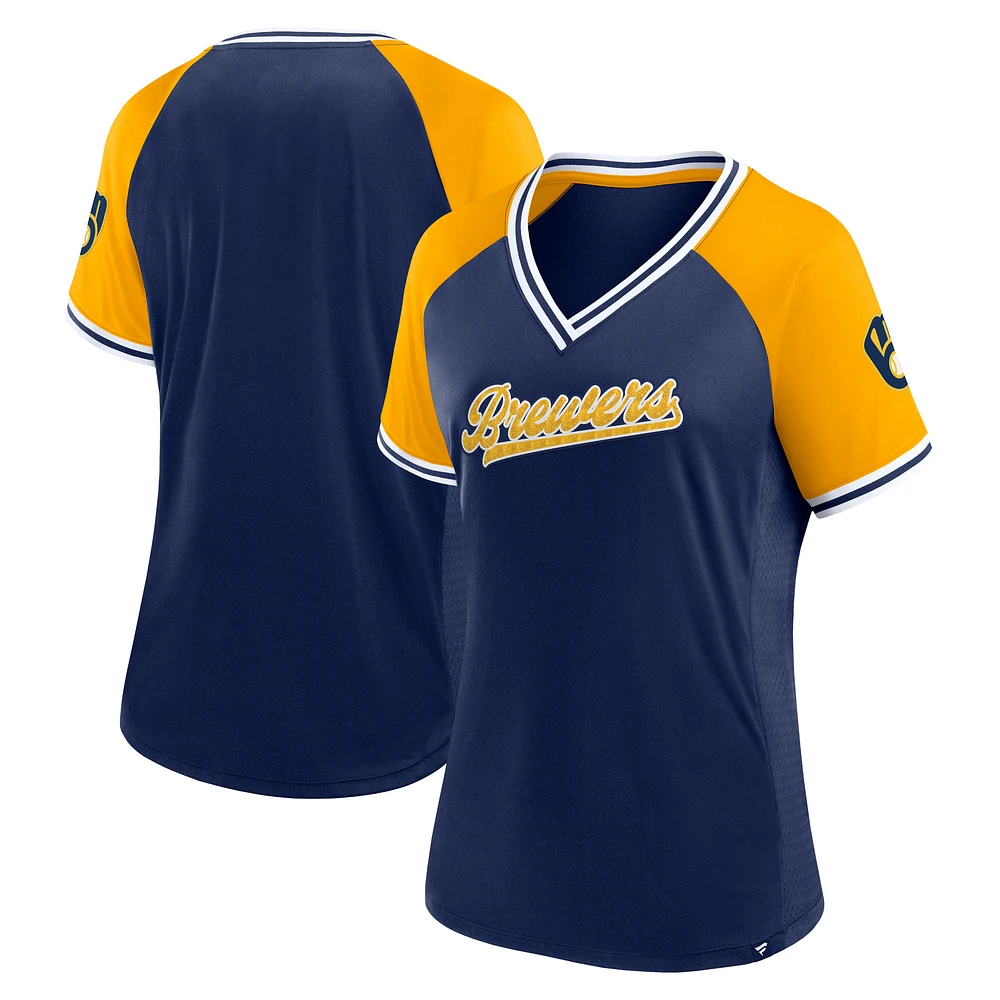 T-shirt à col en V Fanatics Navy Milwaukee Brewers Glitz & Glam League Diva Raglan pour femmes