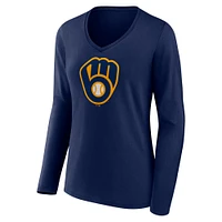 Women's Fanatics Navy Milwaukee Brewers Official Logo V-Neck Long Sleeve T-Shirt