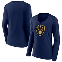 T-shirt à manches longues et col en V avec logo officiel des Milwaukee Brewers Fanatics pour femmes, bleu marine