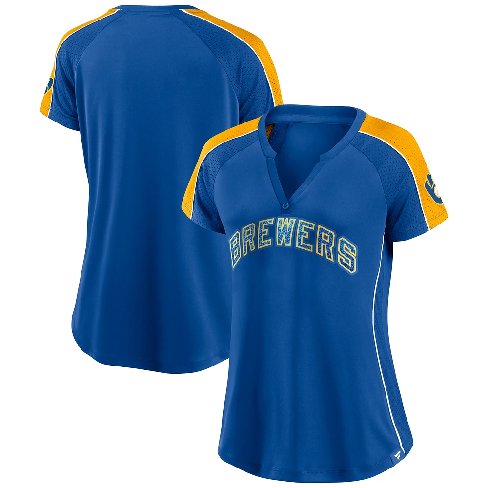 T-shirt à col en V raglan fines rayures Fanatics Royal/Gold Milwaukee Brewers True Classic League Diva pour femmes