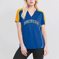 T-shirt à col en V raglan fines rayures Fanatics Royal/Gold Milwaukee Brewers True Classic League Diva pour femmes