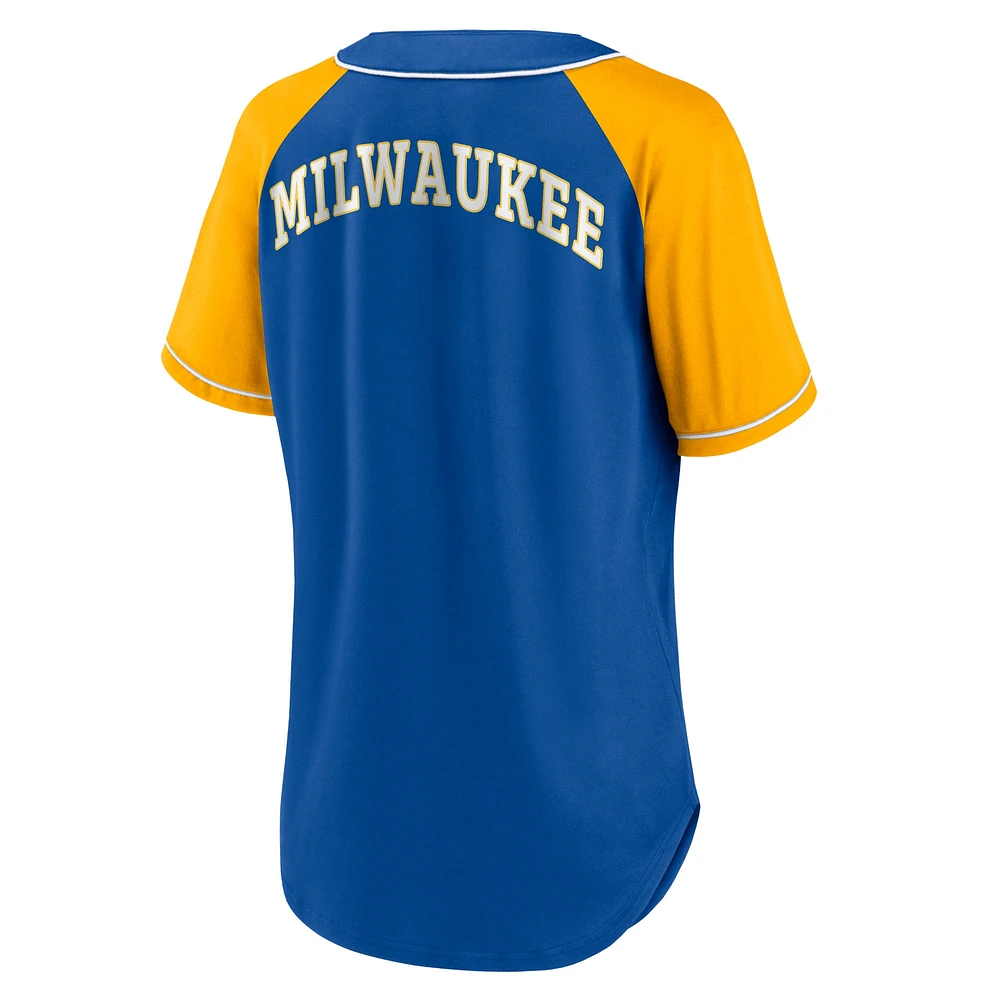 T-shirt à col en V Fanatics Royal Milwaukee Brewers Bunt Raglan pour femmes