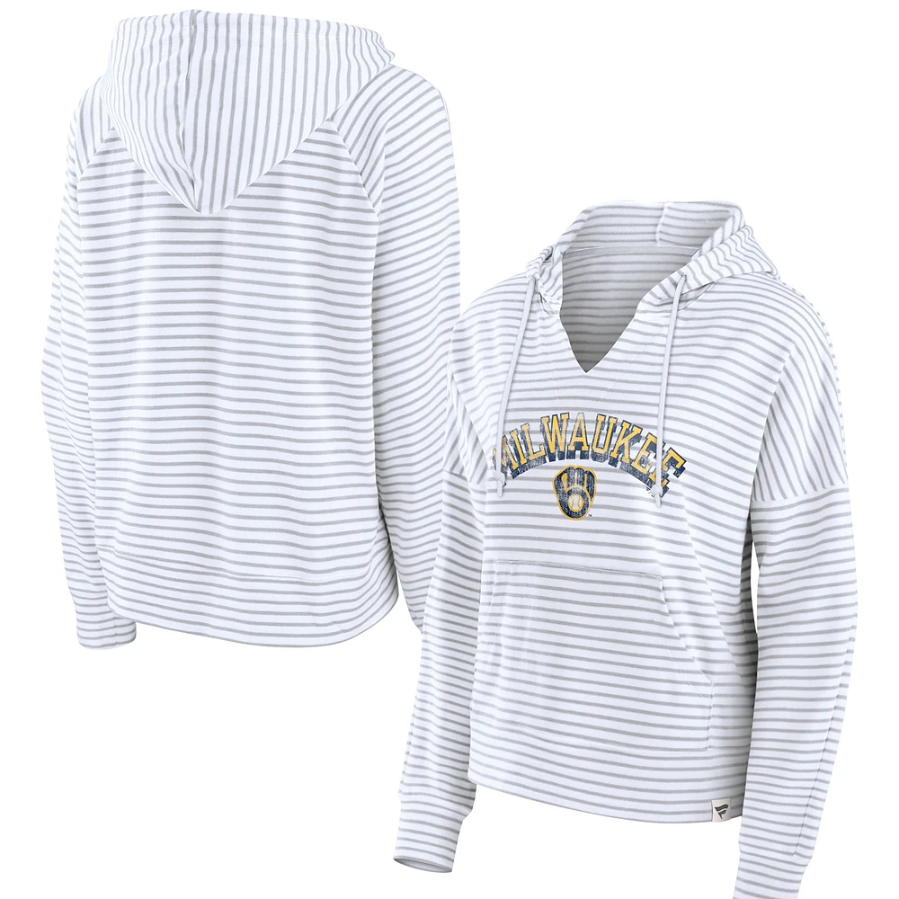 Women's Fanatics White Milwaukee Brewers Striped Arch Pullover Hoodie