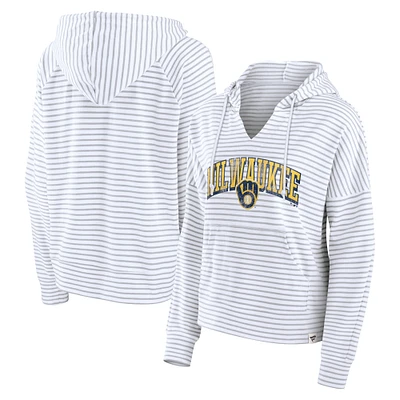 Women's Fanatics White Milwaukee Brewers Striped Fundamentals Notch Neck Pullover Hoodie