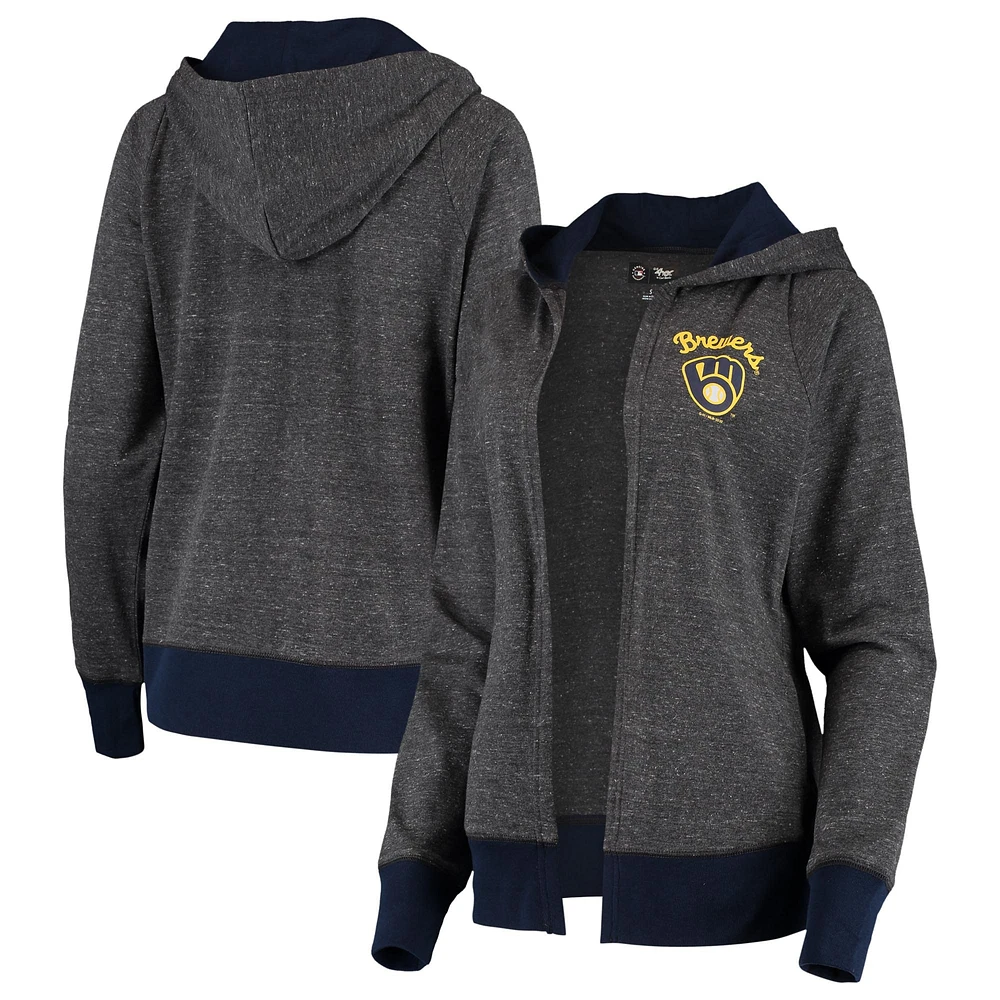 Women's G-III 4Her by Carl Banks Heathered Charcoal Milwaukee Brewers Chalk Talk Tri-Blend Hoodie Cardigan