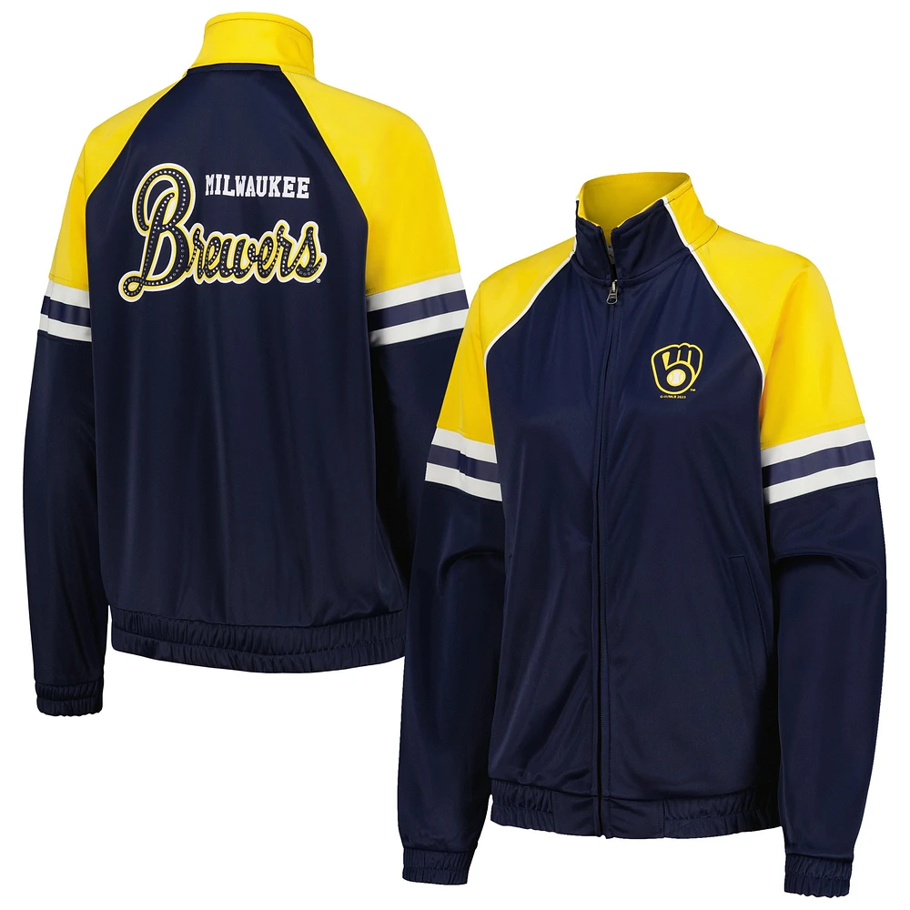 Veste de survêtement entièrement zippée G-III 4Her par Carl Banks pour femmes, bleu marine, Milwaukee Brewers First Place Raglan