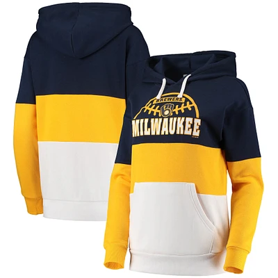 Women's G-III Sports by Carl Banks Navy/Gold Milwaukee Brewers Block and Tackle Colorblock Pullover Hoodie