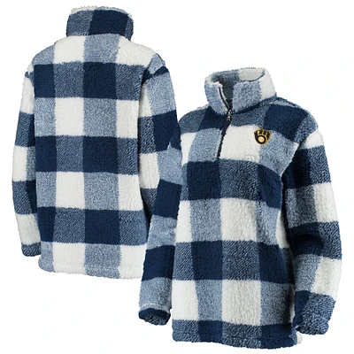 Veste G-III Sports by Carl Banks pour femme bleu marine/blanc Milwaukee Brewers Sherpa Plaid Quarter-Zip Jacket