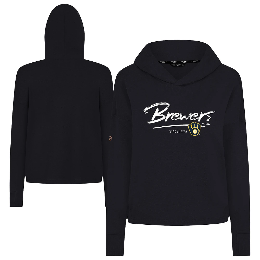 Women's Levelwear Black Milwaukee Brewers Accolade Sweet Express Cropped Tri-Blend Pullover Hoodie
