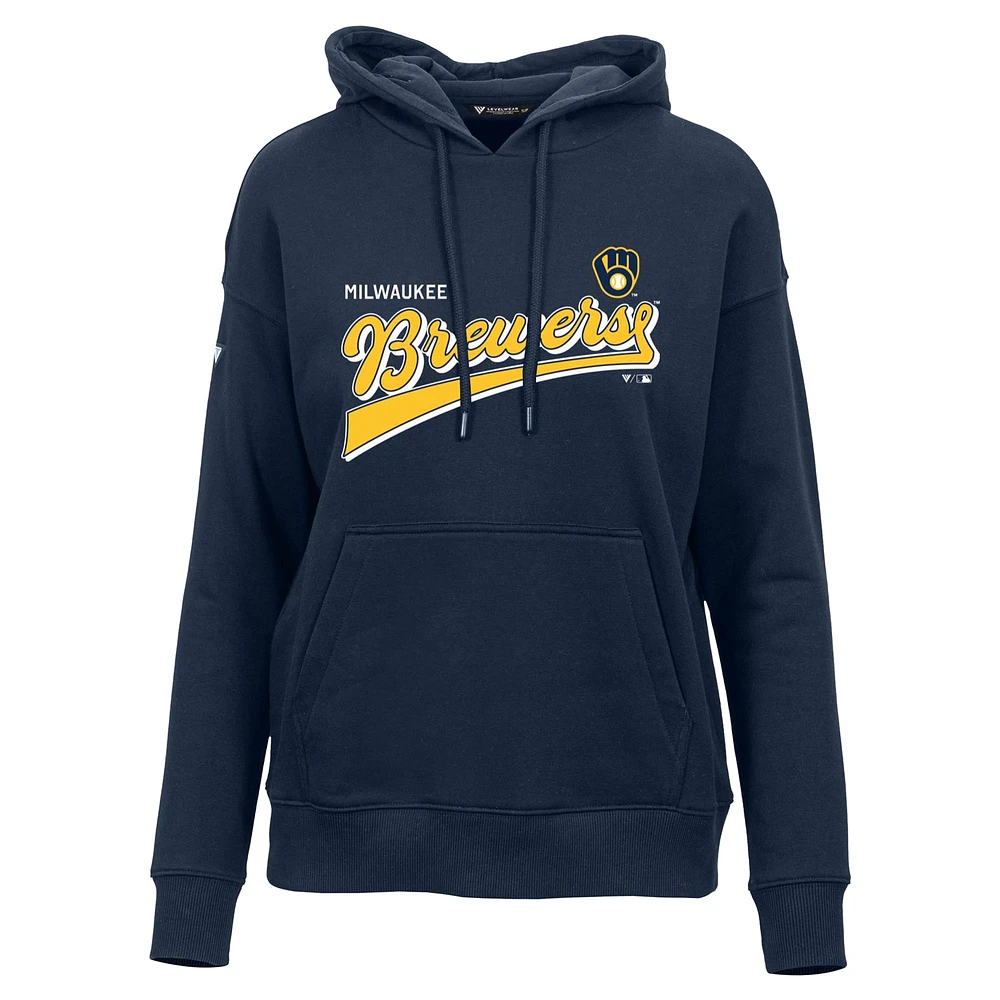 Women's Levelwear  Navy Milwaukee Brewers Adorn Retro Team 2.0 Pullover Hoodie