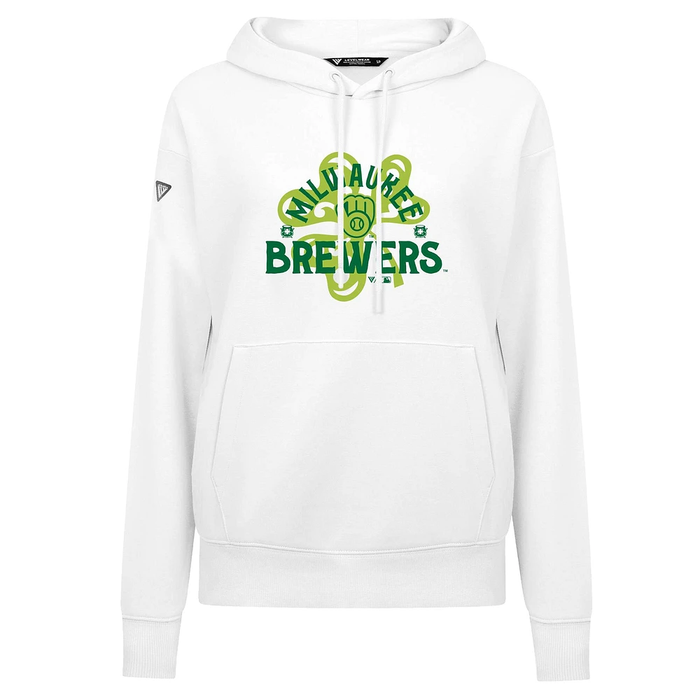 Women's Levelwear  White Milwaukee Brewers St. Patrick's Day Adorn Shamrock Pullover Hoodie
