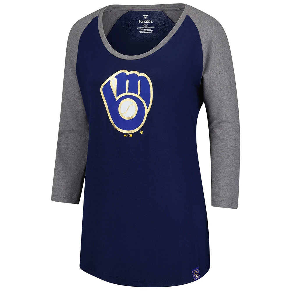 Women's Majestic Navy Milwaukee Brewers Raglan 3/4-Sleeve T-Shirt