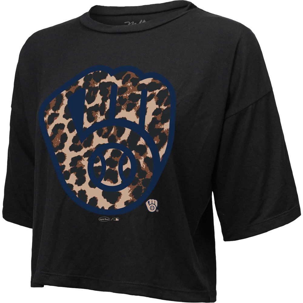 Women's Majestic Threads Black Milwaukee Brewers Leopard Cropped T-Shirt