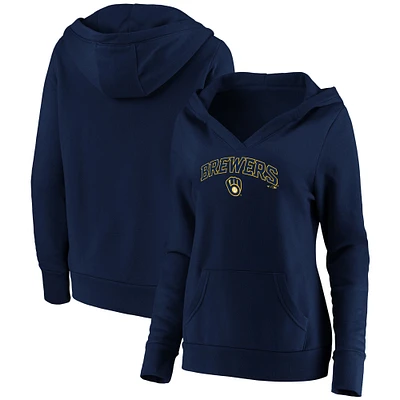 Women's Navy Milwaukee Brewers Core Team Lockup V-Neck Pullover Hoodie