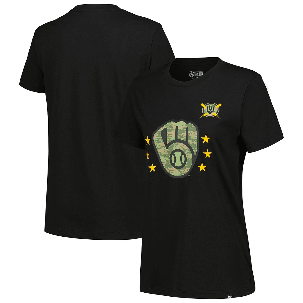 T-shirt noir pour la Journée des forces armées Milwaukee Brewers New Era femme