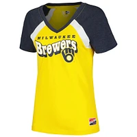 T-shirt raglan chiné à col en V pour femmes New Era Gold Milwaukee Brewers