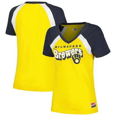 T-shirt raglan chiné à col en V pour femmes New Era Gold Milwaukee Brewers