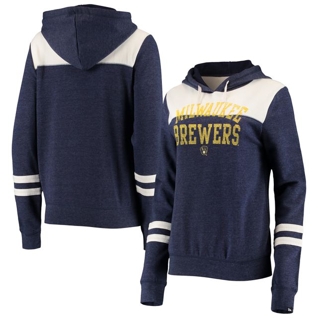 Sweat à capuche New Era Heathered Navy/White Milwaukee Brewers Colorblock Tri-Blend pour femme