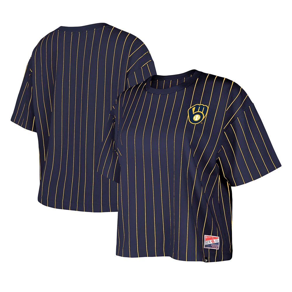 Women's New Era Navy Milwaukee Brewers Boxy Pinstripe T-Shirt