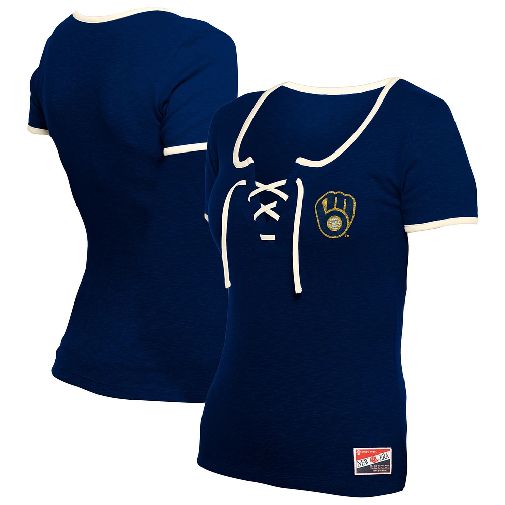 Women's New Era Navy Milwaukee Brewers Throwback Lace Up T-Shirt