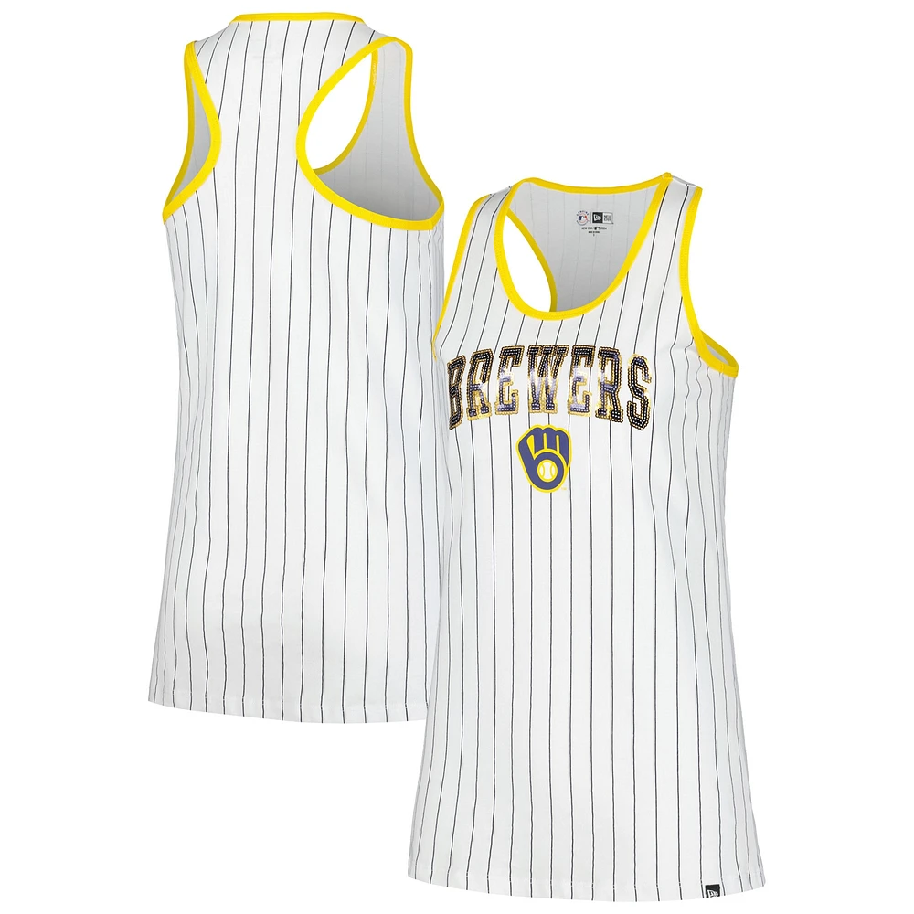 Women's New Era White Milwaukee Brewers Sequin Pinstripe Racerback Tank Top