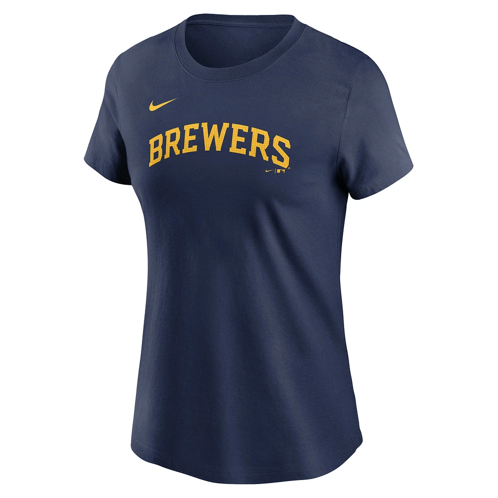 T-shirt Nike Christian Yelich bleu marine pour femme avec nom et numéro Fuse des Milwaukee Brewers