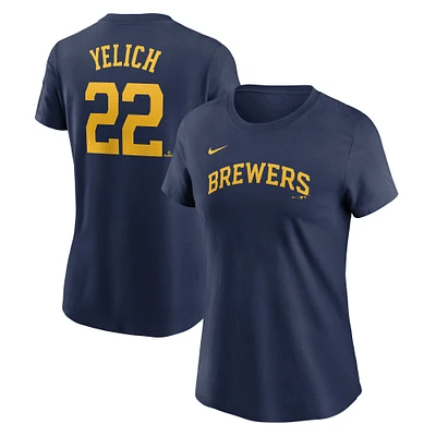 T-shirt Nike Christian Yelich bleu marine pour femme avec nom et numéro Fuse des Milwaukee Brewers