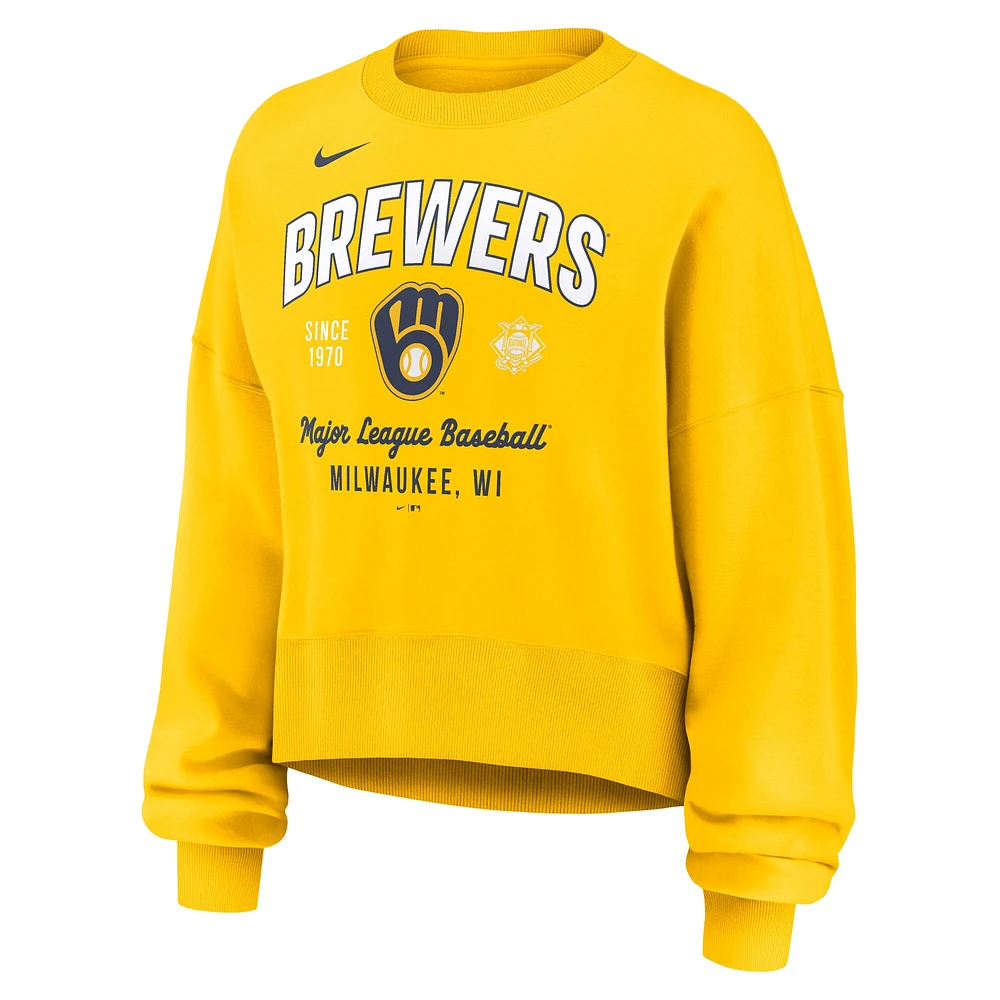 Women's Nike Gold Milwaukee Brewers Oversized High Hip Pullover Sweatshirt